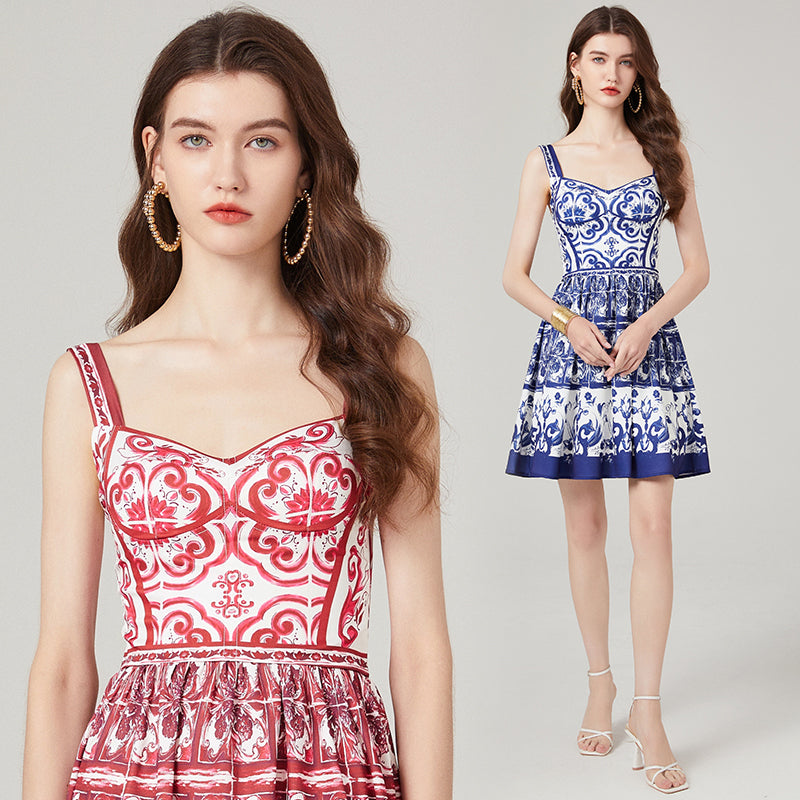 High-Waist Printed Cami A-Line Dress - Midi, Soft Thin Fabric