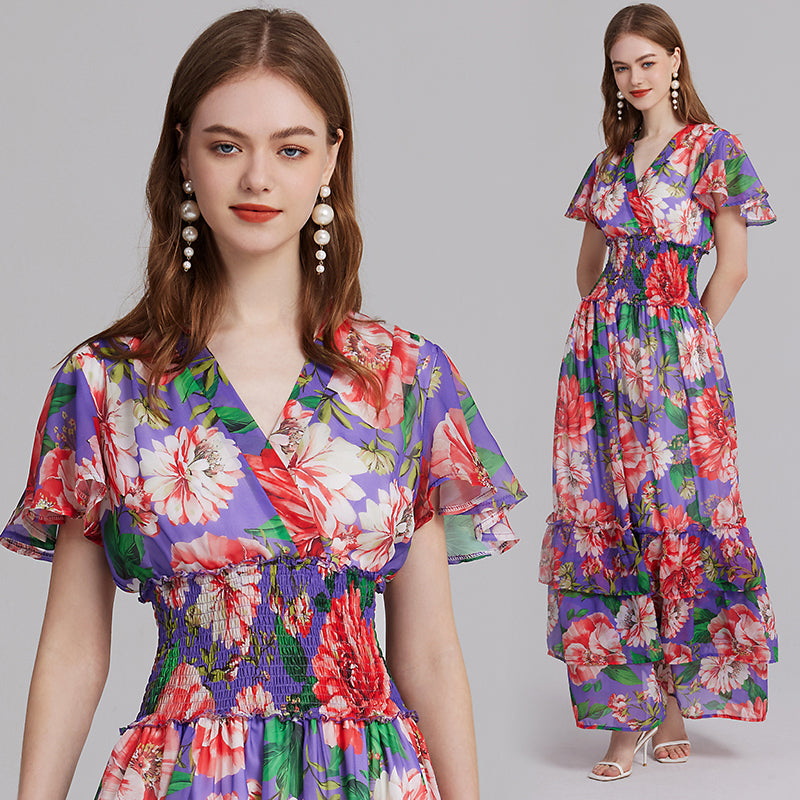 Floral Print Elastic High-Waist Maxi Dress - V-Neck, Ruffle Details