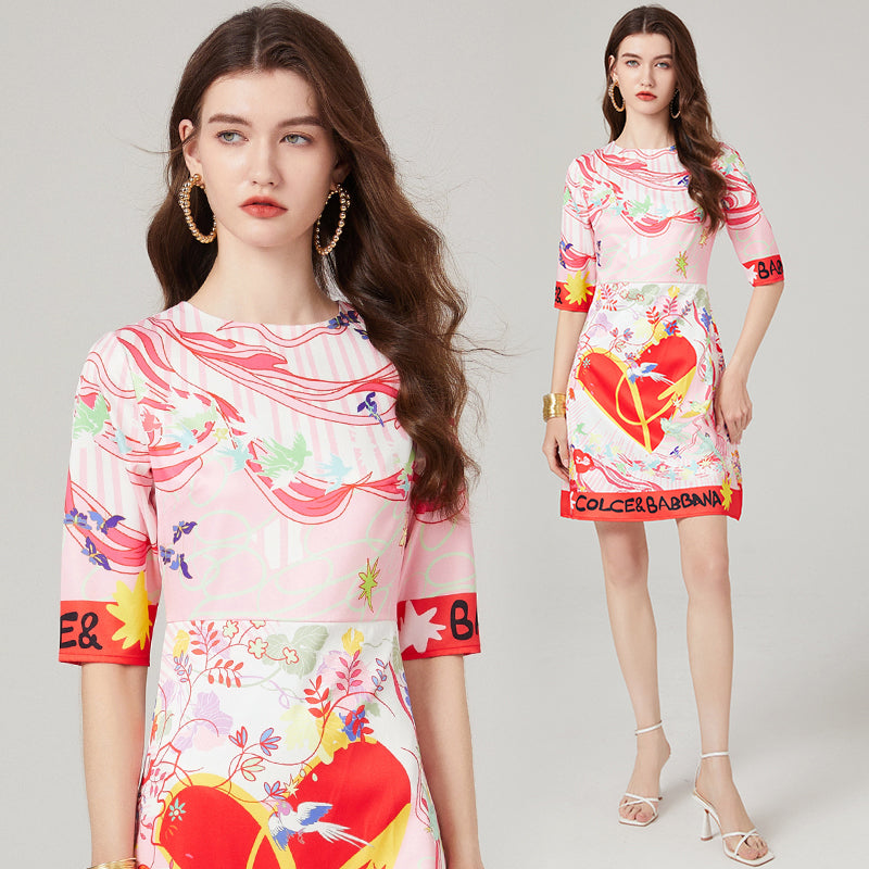 Trendy Mid-Sleeve Printed Dress - Round Neck, High Waist, A-Line Silhouette