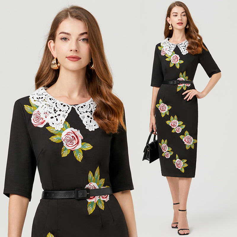 Soluble Lace Collared Embroidered Dress - Mid-Sleeve, Slit, with Belt