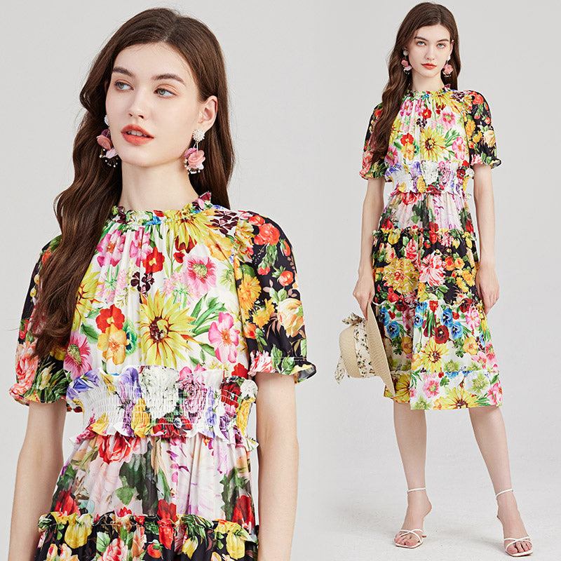 Quad-Color Print Dress with Contrast Ruffles - High Collar, Elastic Waist