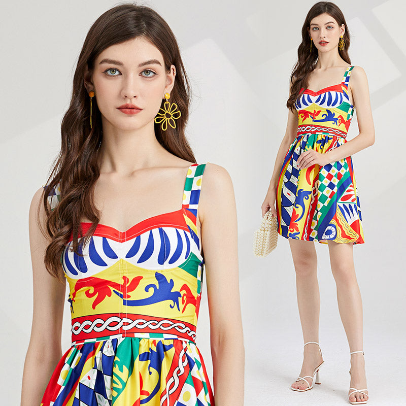 Colorful Printed Slim High-Waist Dress - Cami A-Line Mini Skirt