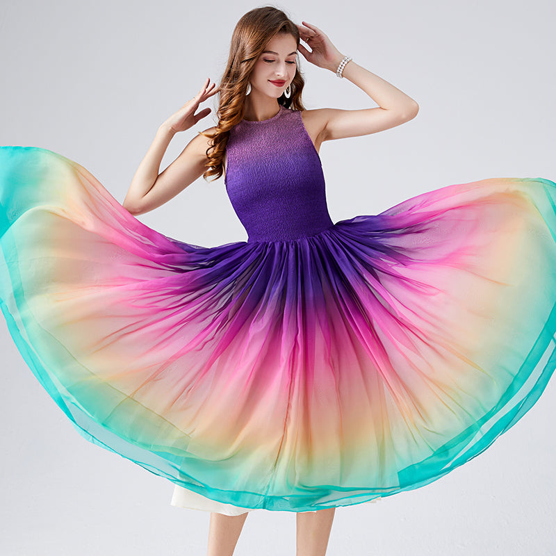 Rainbow Flowing Tencel Dress with Elastic Waist & Wide A-Line Skirt