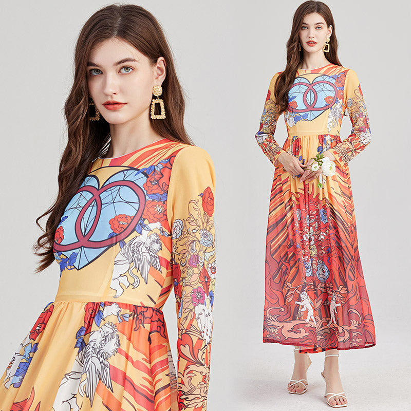 Angel Print Chiffon-Style Dress - Round Neck, Flowy A-Line Skirt