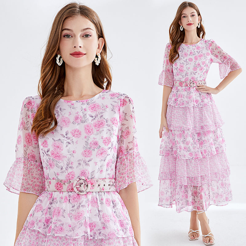 Luxury Printed Bell-Sleeve Cake Dress - Silk-Like Wide Skirt