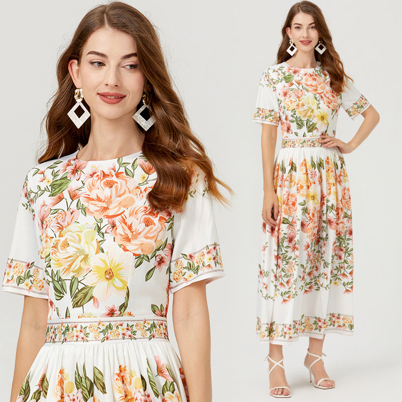 Floral Print High-Waist Cotton Dress - Wide Skirt, Short Sleeves