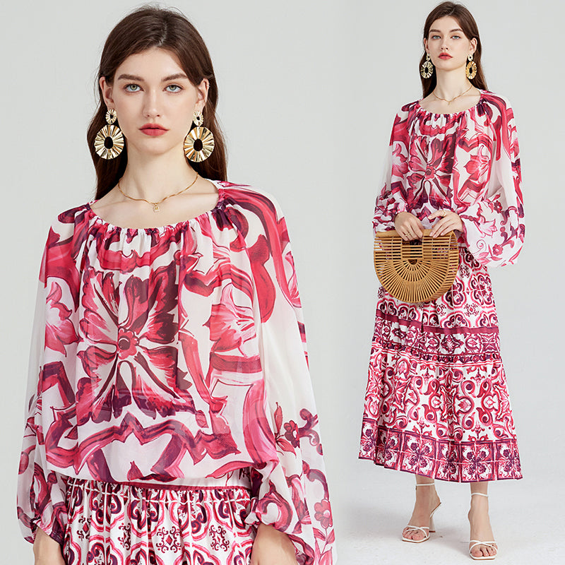 Printed Long-Sleeve Chiffon Blouse & High-Waist Skirt Set