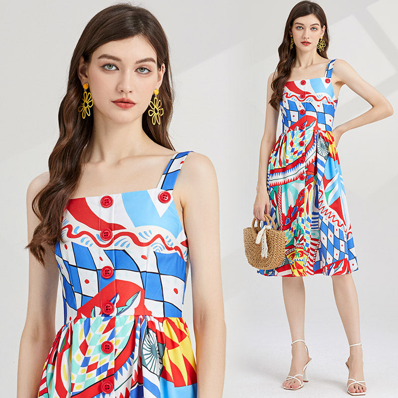 Runway Court Print Cami Dress - Slim High-Waist A-Line