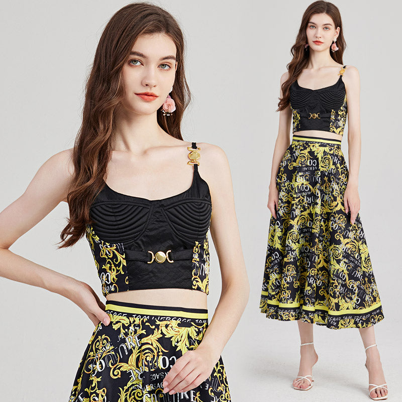 Baroque Style Strapless Top with Metallic Buckle & High-Waist Skirt Set