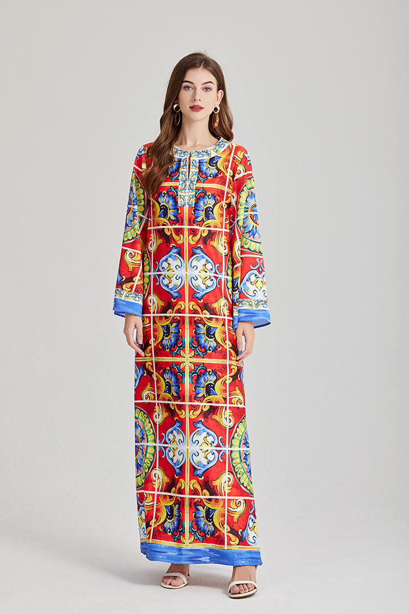 Vintage Print Long-Sleeve Dress - Round Neck, Side Slit, Plus Size