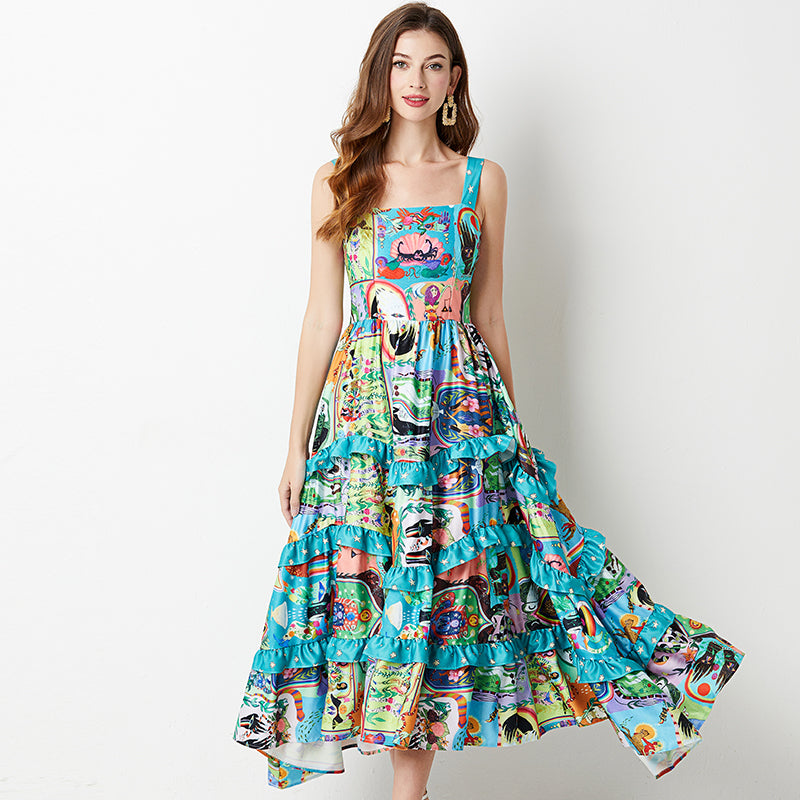 Fashionable Printed Tiered Cake Dress - Slim High-Waist A-Line