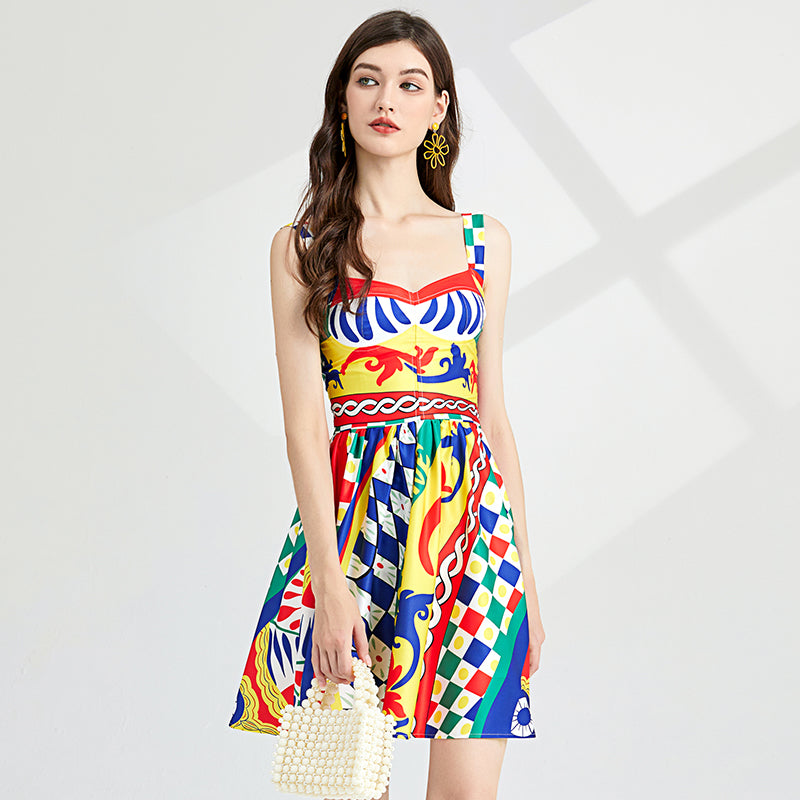 Colorful Printed Slim High-Waist Dress - Cami A-Line Mini Skirt