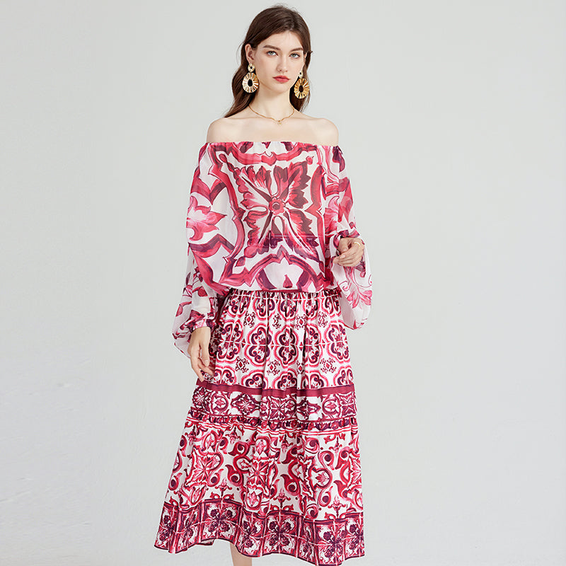 Printed Long-Sleeve Chiffon Blouse & High-Waist Skirt Set