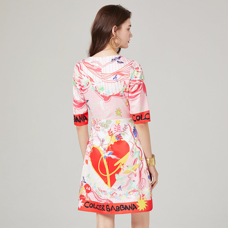 Trendy Mid-Sleeve Printed Dress - Round Neck, High Waist, A-Line Silhouette