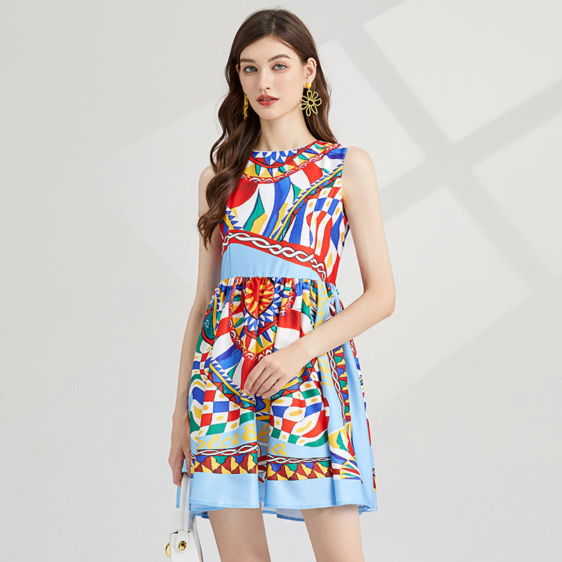 Elegant Round-Neck Baroque Print Slim-Fit Dress with Wide Skirt