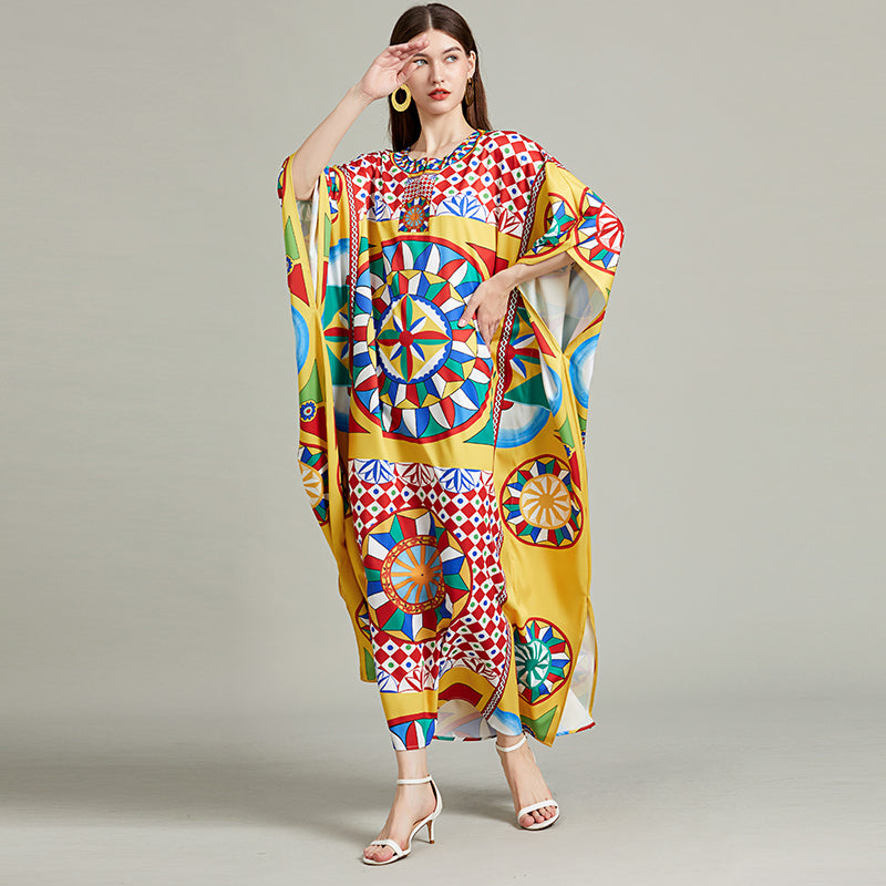 Unique Baroque Print Long Dress - Round Neck, Long Sleeves, Side Slit