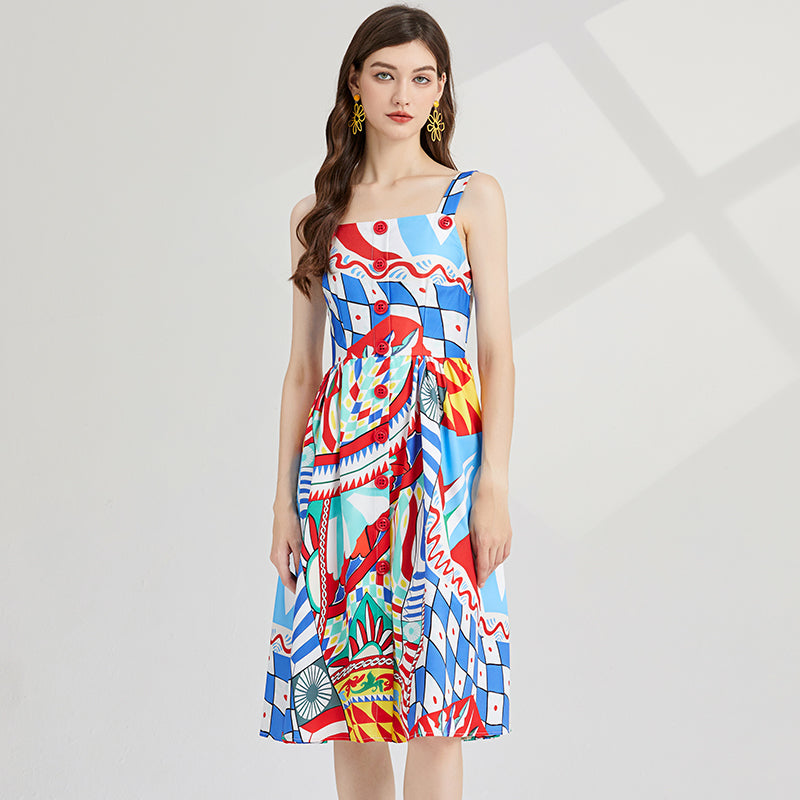 Runway Court Print Cami Dress - Slim High-Waist A-Line