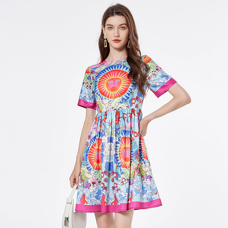 Chic Short Sleeve Printed Dress - High Waist, Round Neck, Flared Skirt