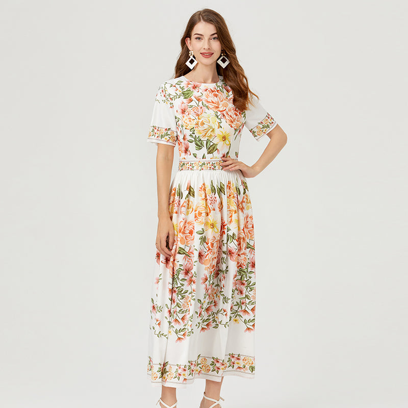 Floral Print High-Waist Cotton Dress - Wide Skirt, Short Sleeves