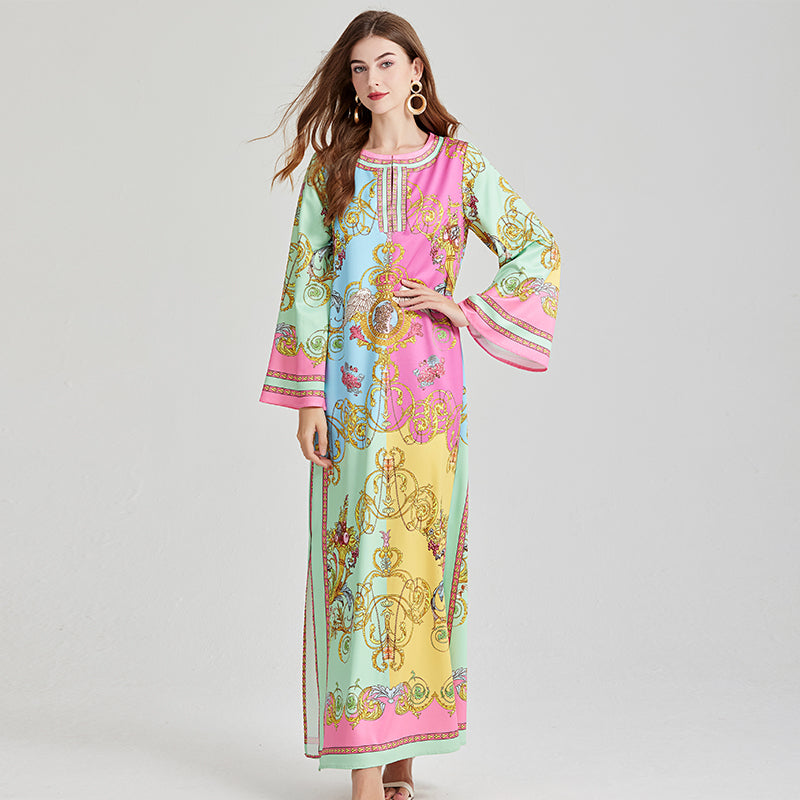 Vintage Print Long-Sleeve Dress - Round Neck, Side Slit, Plus Size