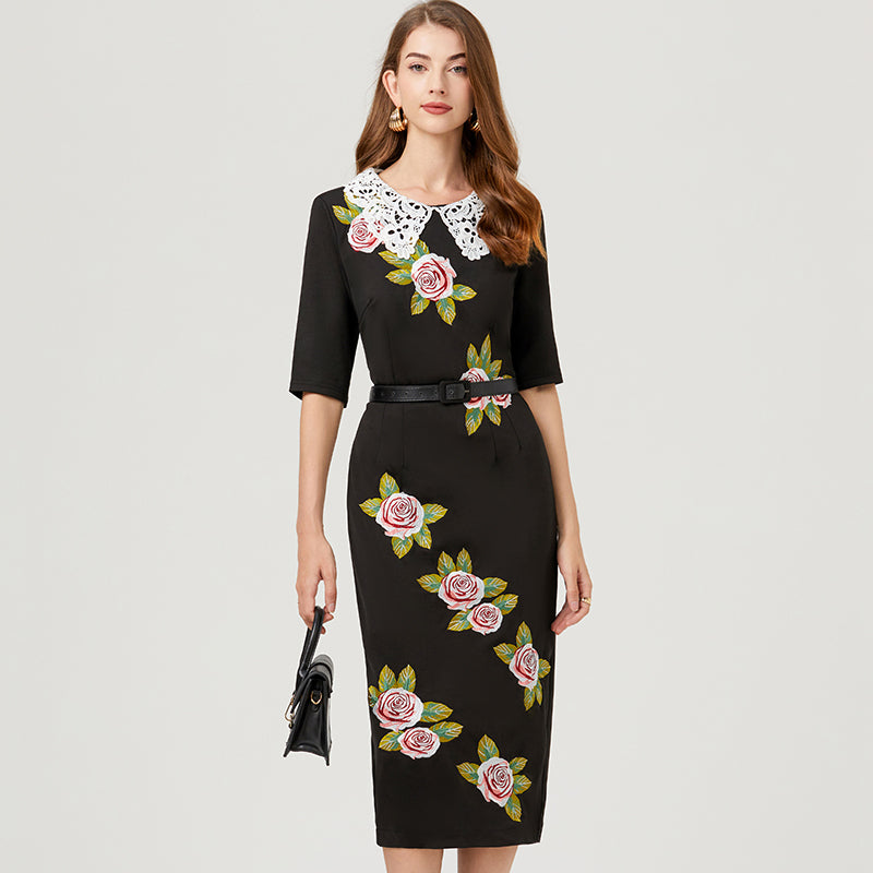 Soluble Lace Collared Embroidered Dress - Mid-Sleeve, Slit, with Belt