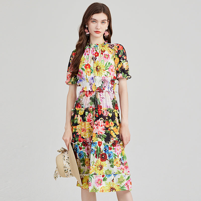 Quad-Color Print Dress with Contrast Ruffles - High Collar, Elastic Waist