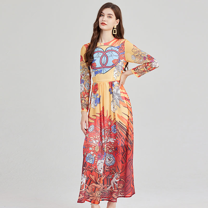 Angel Print Chiffon-Style Dress - Round Neck, Flowy A-Line Skirt