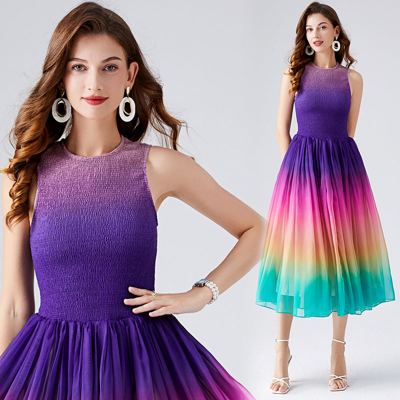 Rainbow Flowing Tencel Dress with Elastic Waist & Wide A-Line Skirt