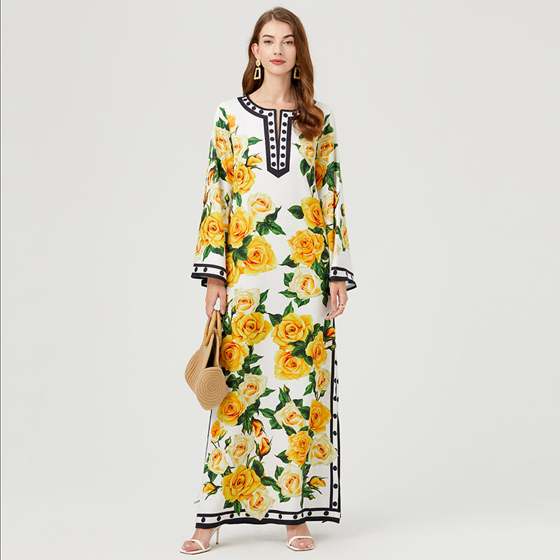 Bohemian Style Polka Dot and Floral Dress - Round Neck, Slit, Long Sleeves