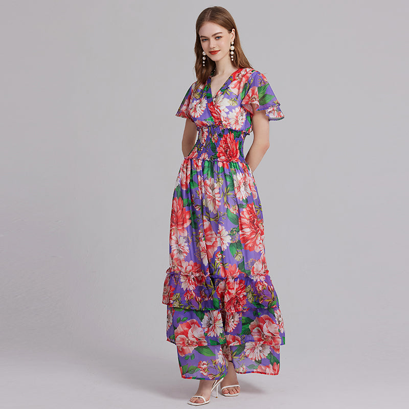 Floral Print Elastic High-Waist Maxi Dress - V-Neck, Ruffle Details