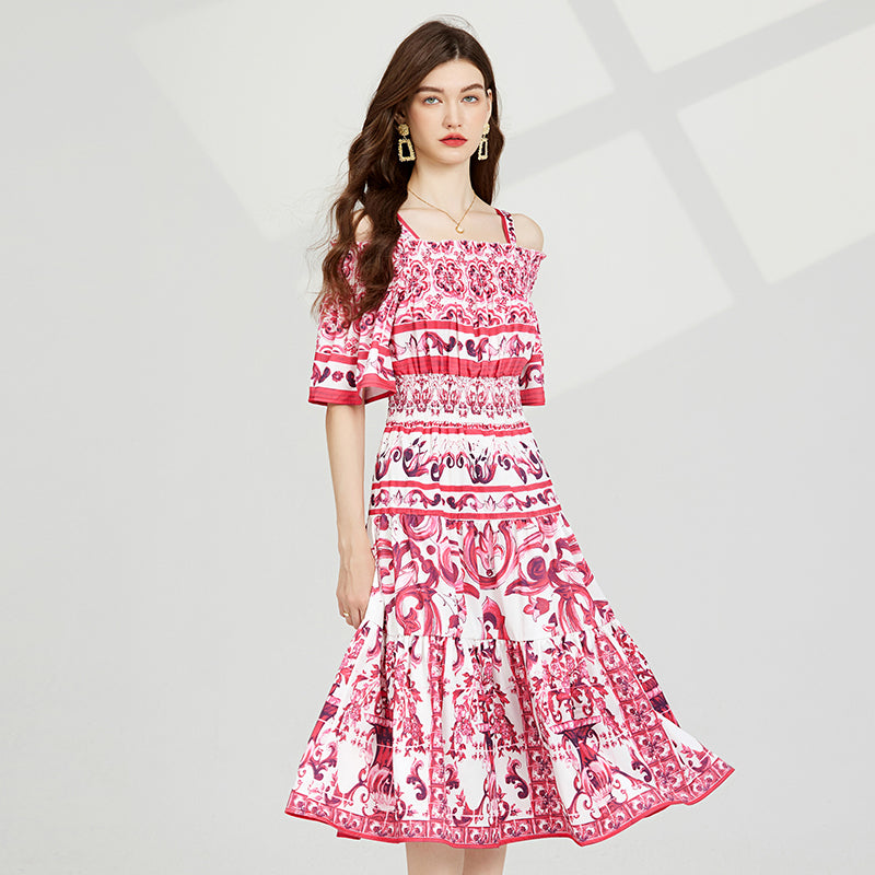 Off-Shoulder Strap Long Dress - Elastic Waist, Digital Print