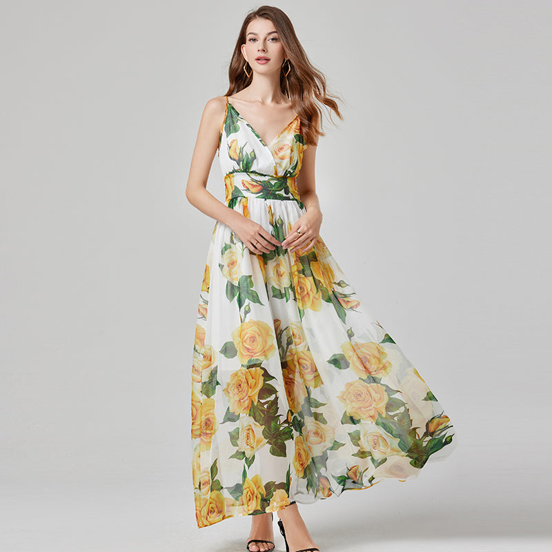 Sexy Cami Printed Tencel Dress - High Waist, Flared A-Line