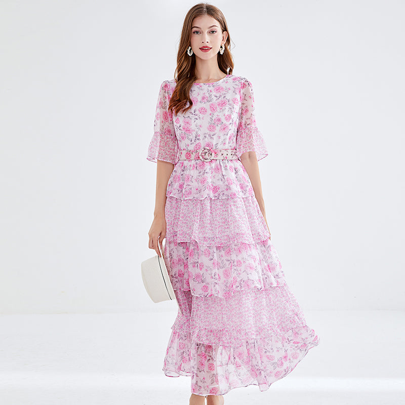 Luxury Printed Bell-Sleeve Cake Dress - Silk-Like Wide Skirt