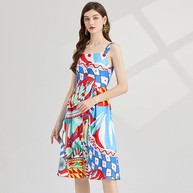 Runway Court Print Cami Dress - Slim High-Waist A-Line