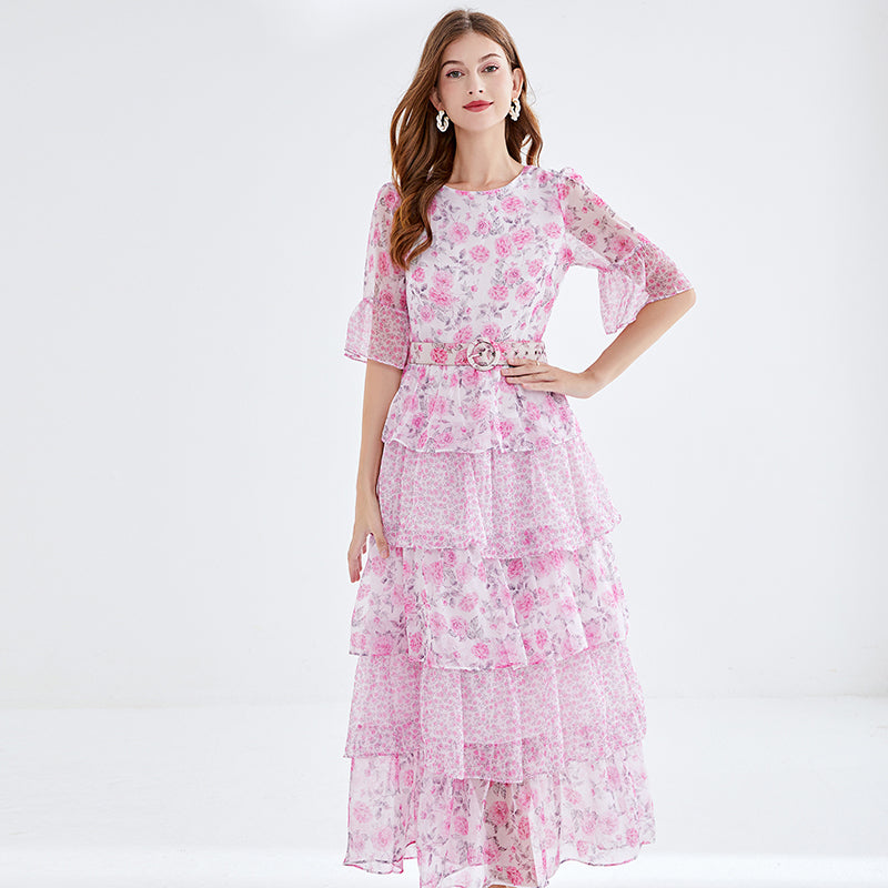 Luxury Printed Bell-Sleeve Cake Dress - Silk-Like Wide Skirt