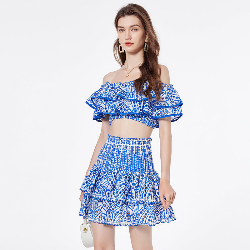 Embroidered Cotton Off-Shoulder Top & High-Waist Mini Skirt Set