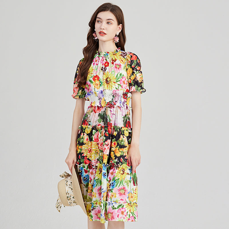 Quad-Color Print Dress with Contrast Ruffles - High Collar, Elastic Waist