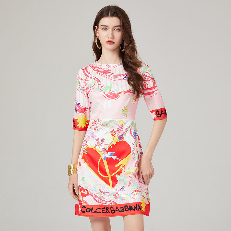 Trendy Mid-Sleeve Printed Dress - Round Neck, High Waist, A-Line Silhouette