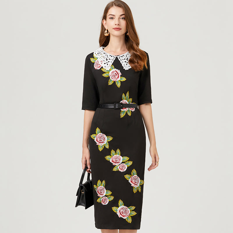 Soluble Lace Collared Embroidered Dress - Mid-Sleeve, Slit, with Belt