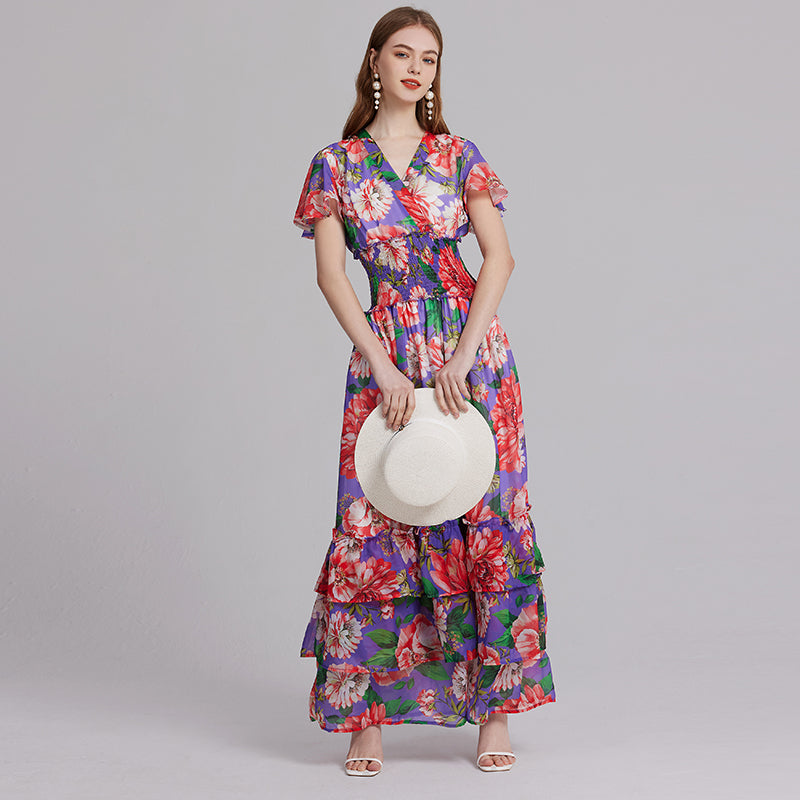 Floral Print Elastic High-Waist Maxi Dress - V-Neck, Ruffle Details