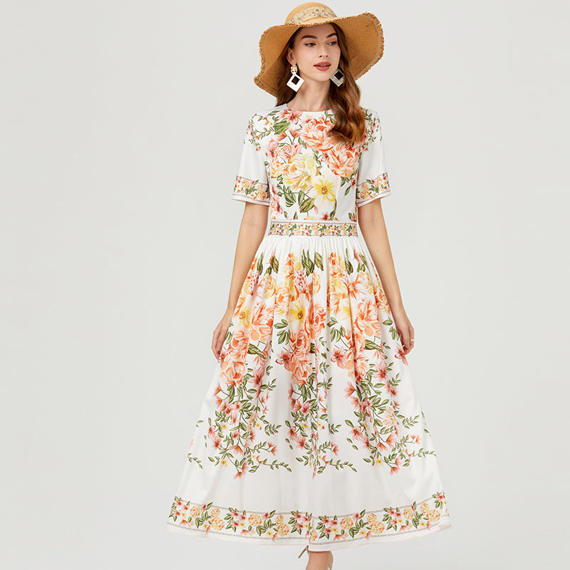 Floral Print High-Waist Cotton Dress - Wide Skirt, Short Sleeves