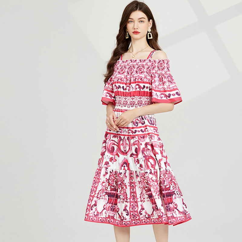 Off-Shoulder Strap Long Dress - Elastic Waist, Digital Print