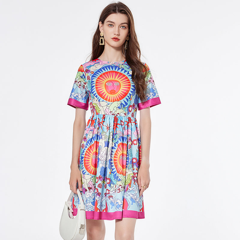 Chic Short Sleeve Printed Dress - High Waist, Round Neck, Flared Skirt