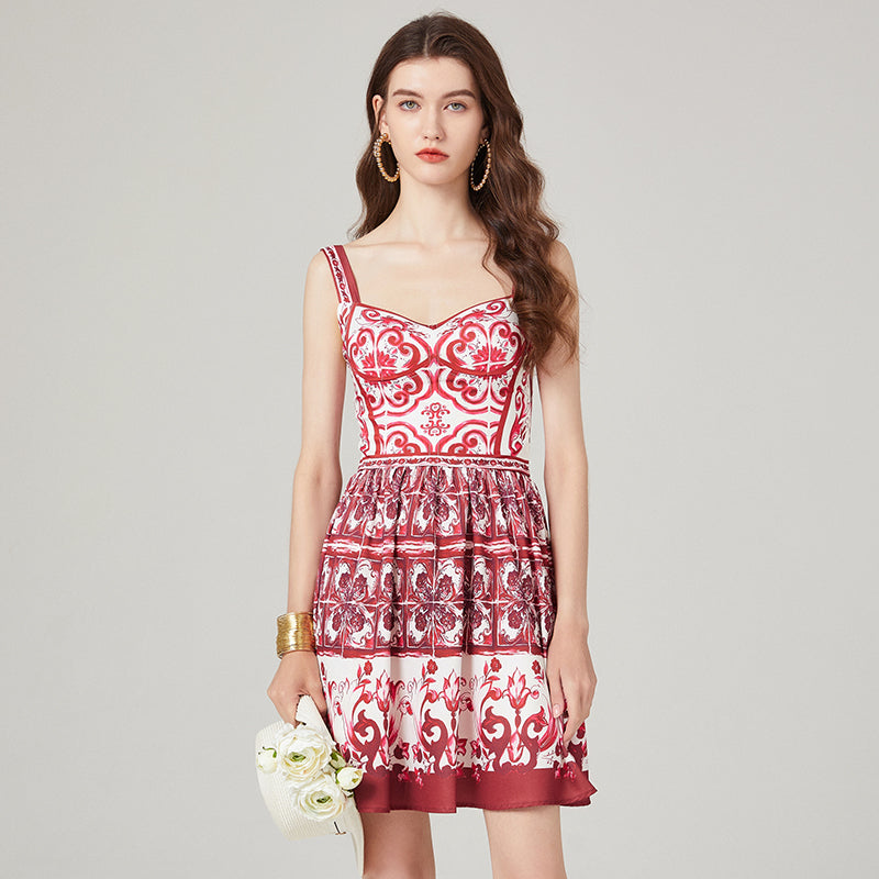 High-Waist Printed Cami A-Line Dress - Midi, Soft Thin Fabric