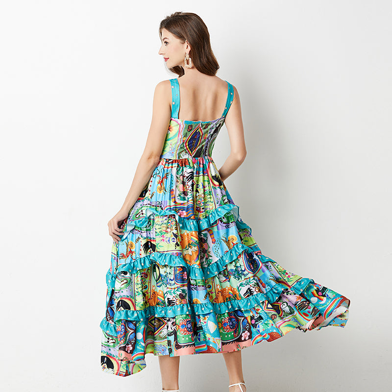 Fashionable Printed Tiered Cake Dress - Slim High-Waist A-Line