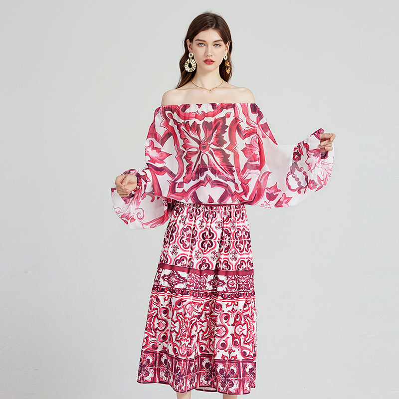 Printed Long-Sleeve Chiffon Blouse & High-Waist Skirt Set