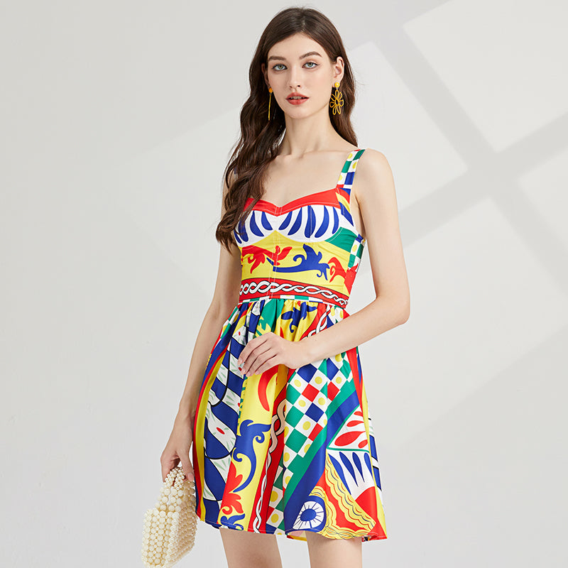 Colorful Printed Slim High-Waist Dress - Cami A-Line Mini Skirt