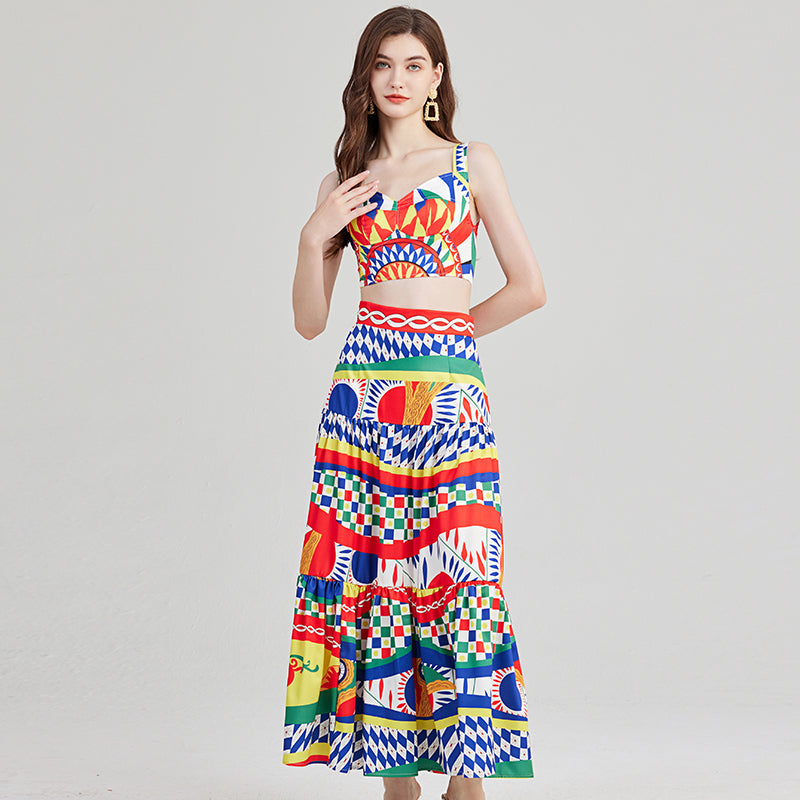 Printed Patchwork Strapless Top with Built-In Padding & Skirt Set