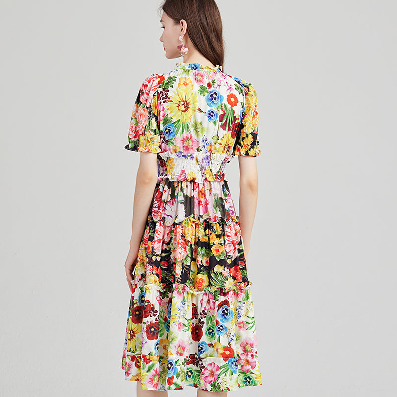 Quad-Color Print Dress with Contrast Ruffles - High Collar, Elastic Waist