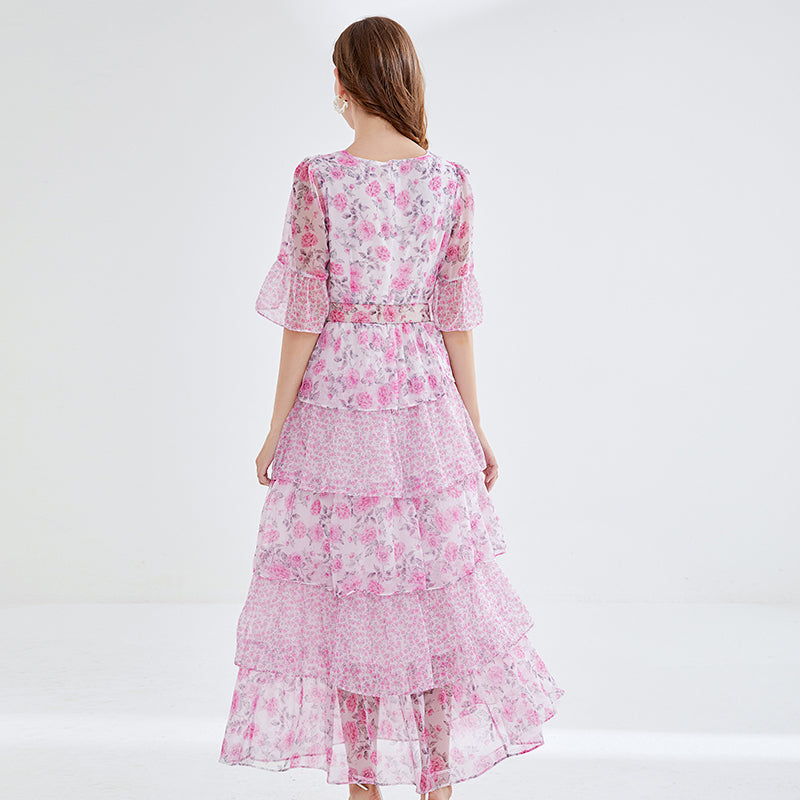 Luxury Printed Bell-Sleeve Cake Dress - Silk-Like Wide Skirt